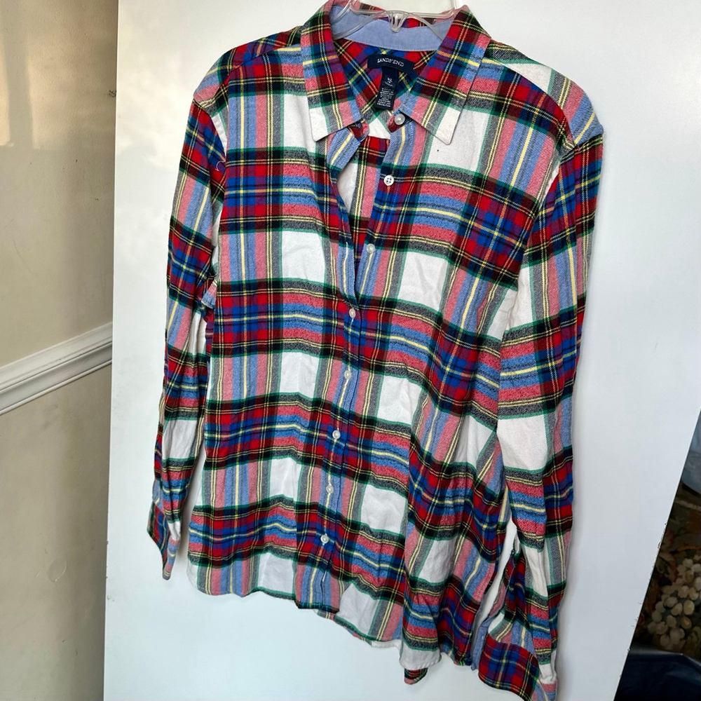 Boy’s Lands' End Flannel Button Down Shirt XL Size 18 Red Blue Christmas Plaid - Picture 2 of 5
